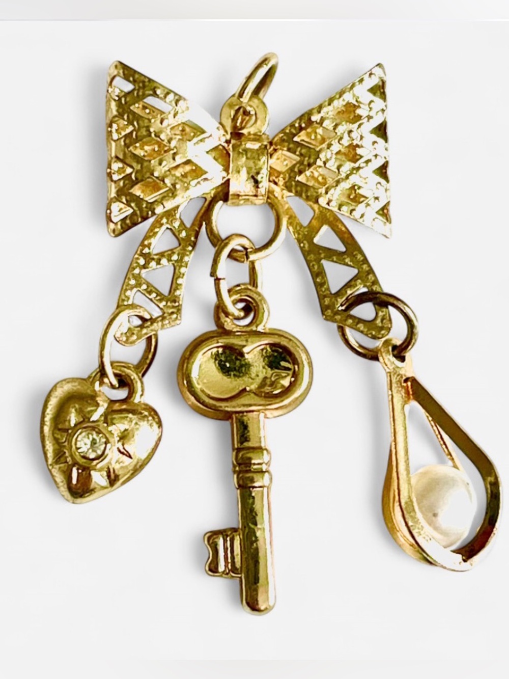 Vintage Gold Bow Charm Pendant Key Heart Pearl Drop Rhinestone Coquette Chic EUC